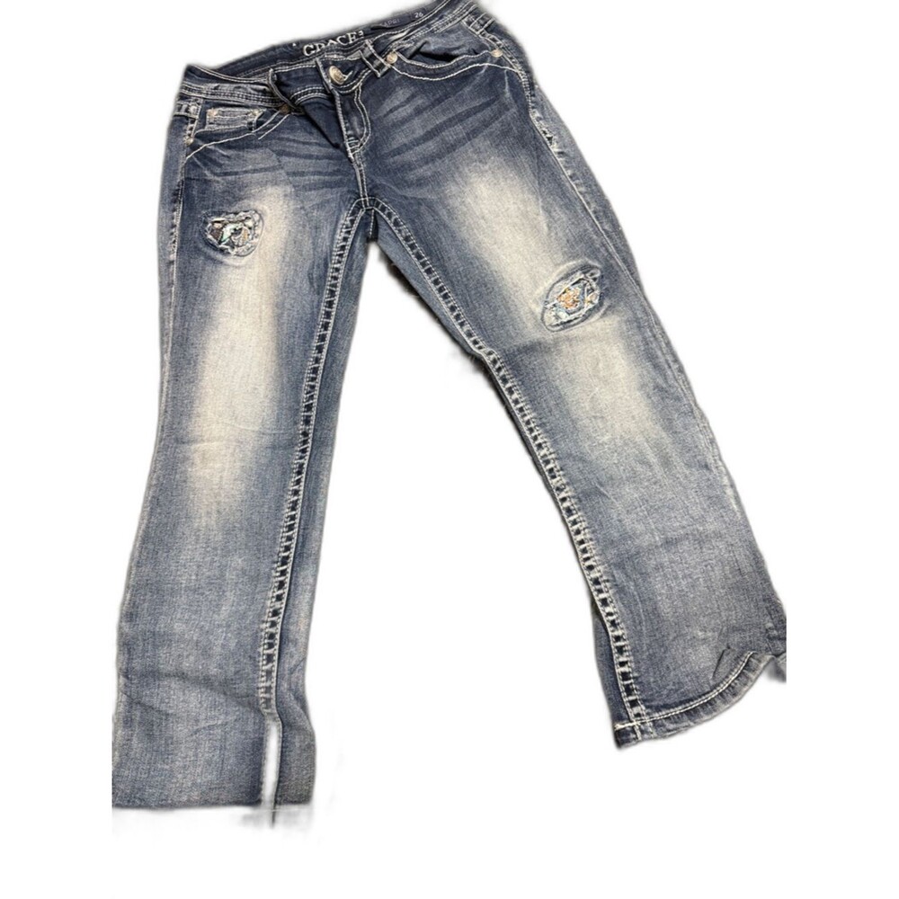 Grace in LA Medium Blue Bootcut Jeans with Distressed Knees